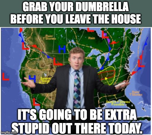 Dumb | GRAB YOUR DUMBRELLA BEFORE YOU LEAVE THE HOUSE; IT'S GOING TO BE EXTRA STUPID OUT THERE TODAY. | image tagged in confused weatherman | made w/ Imgflip meme maker