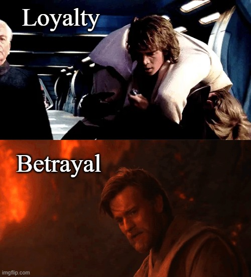 Contrast of Anakin and Obi Wan Kenobi | Loyalty; Betrayal | image tagged in anakin saves kenobi,kenobi abandons anakin | made w/ Imgflip meme maker