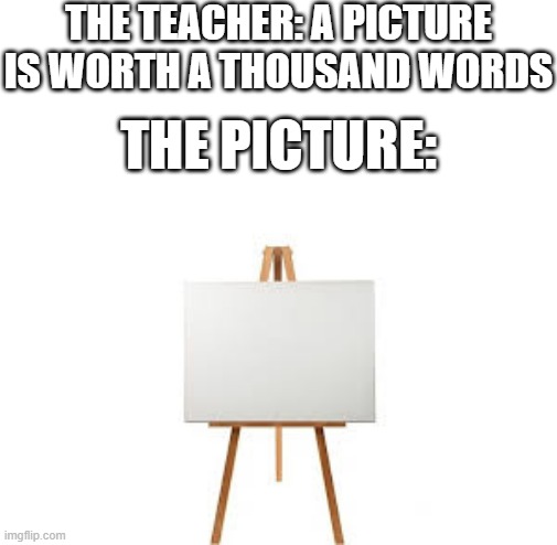 A picture is worth a single word: Picture | THE TEACHER: A PICTURE IS WORTH A THOUSAND WORDS; THE PICTURE: | image tagged in blank,memes,funny,teachers,picture | made w/ Imgflip meme maker