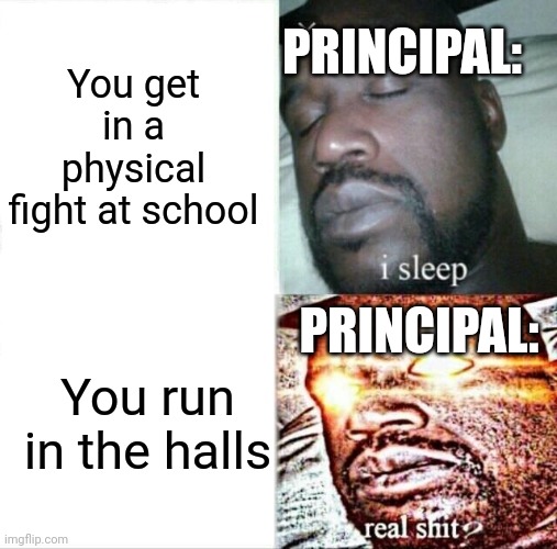 School be like: | PRINCIPAL:; You get in a physical fight at school; PRINCIPAL:; You run in the halls | image tagged in memes,sleeping shaq | made w/ Imgflip meme maker