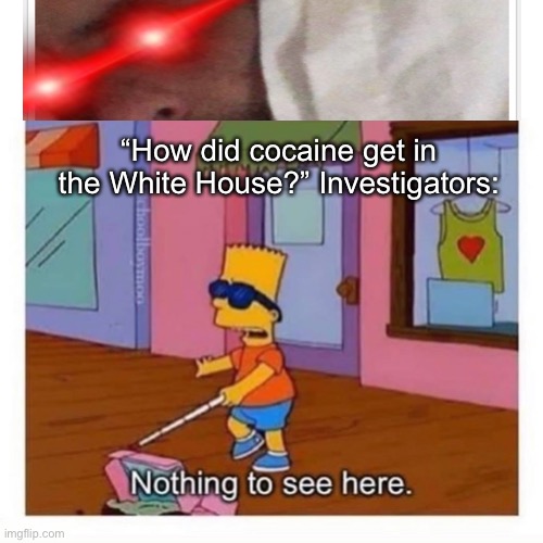 Hmmm how did it happen? | “How did cocaine get in the White House?” Investigators: | image tagged in blind bart simpson,memes,hunter biden real shit | made w/ Imgflip meme maker