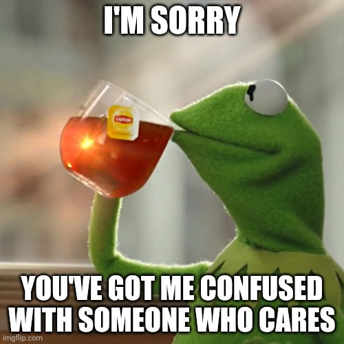 Srry | I'M SORRY; YOU'VE GOT ME CONFUSED WITH SOMEONE WHO CARES | image tagged in memes,but that's none of my business,kermit the frog | made w/ Imgflip meme maker