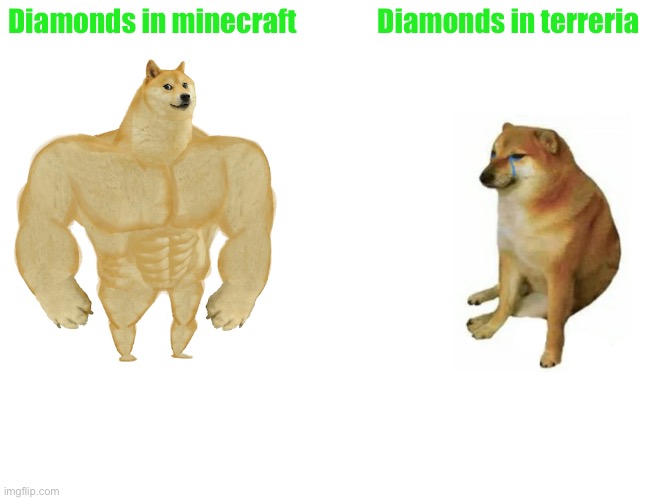 Buff Doge vs. Cheems | Diamonds in minecraft; Diamonds in terreria | image tagged in memes,buff doge vs cheems | made w/ Imgflip meme maker
