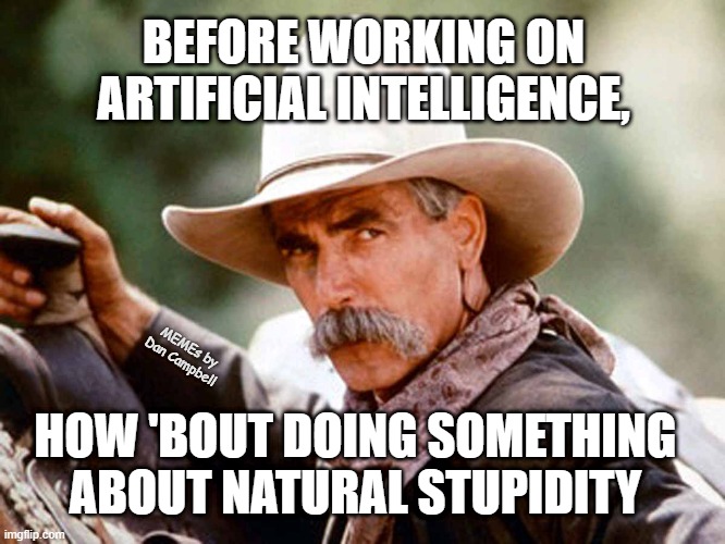 Sam Elliott Cowboy | BEFORE WORKING ON ARTIFICIAL INTELLIGENCE, MEMEs by Dan Campbell; HOW 'BOUT DOING SOMETHING ABOUT NATURAL STUPIDITY | image tagged in sam elliott cowboy | made w/ Imgflip meme maker