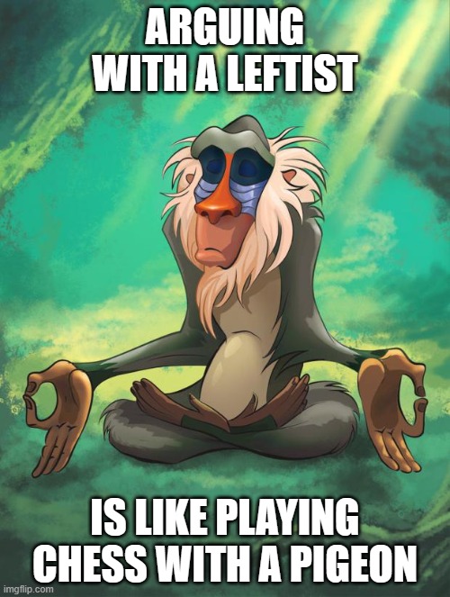 Rafiki wisdom | ARGUING WITH A LEFTIST; IS LIKE PLAYING CHESS WITH A PIGEON | image tagged in rafiki wisdom | made w/ Imgflip meme maker