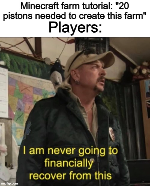 "30 REDSTONE REPEATERS? This is insane" @_@ | Minecraft farm tutorial: "20 pistons needed to create this farm"; Players: | image tagged in i am never going to financially recover from this | made w/ Imgflip meme maker