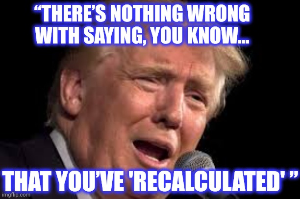Donald Trump sad | “THERE’S NOTHING WRONG WITH SAYING, YOU KNOW... THAT YOU’VE 'RECALCULATED' ” | image tagged in donald trump sad | made w/ Imgflip meme maker