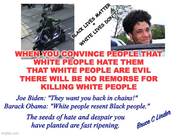 Without Remorse | BLACK LIVES MATTER
*
WHITE LIVES DON'T; WHEN YOU CONVINCE PEOPLE THAT
WHITE PEOPLE HATE THEM
THAT WHITE PEOPLE ARE EVIL
THERE WILL BE NO REMORSE FOR
KILLING WHITE PEOPLE; Joe Biden: "They want you back in chains!"
Barack Obama: "White people resent Black people."; The seeds of hate and despair you
have planted are fast ripening. Bruce C Linder | image tagged in biden,obama,hate,despair,without remorse | made w/ Imgflip meme maker