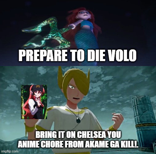 volo vs chelsea | PREPARE TO DIE VOLO; BRING IT ON CHELSEA YOU ANIME CHORE FROM AKAME GA KILL!. | image tagged in volo angry,chelsea,dreamworks,pokemon memes,nintendo,akame ga kill | made w/ Imgflip meme maker