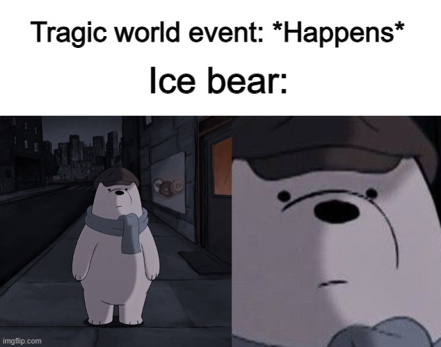 *No reaction at all* | Tragic world event: *Happens*; Ice bear: | made w/ Imgflip meme maker
