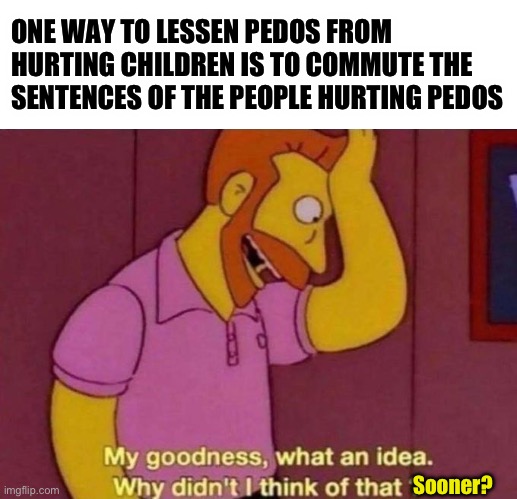 Pedos Justice | ONE WAY TO LESSEN PEDOS FROM HURTING CHILDREN IS TO COMMUTE THE SENTENCES OF THE PEOPLE HURTING PEDOS; Sooner? | image tagged in my goodness what an idea why didn't i think of that | made w/ Imgflip meme maker