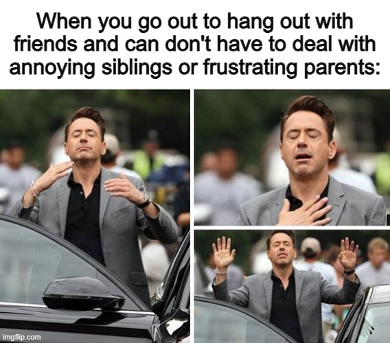 :D | When you go out to hang out with friends and can don't have to deal with annoying siblings or frustrating parents: | made w/ Imgflip meme maker