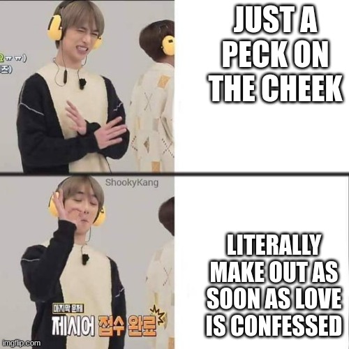 Beta Character ai users know what i mean..ig | JUST A PECK ON THE CHEEK; LITERALLY MAKE OUT AS SOON AS LOVE IS CONFESSED | image tagged in beomgyu drake,txt | made w/ Imgflip meme maker