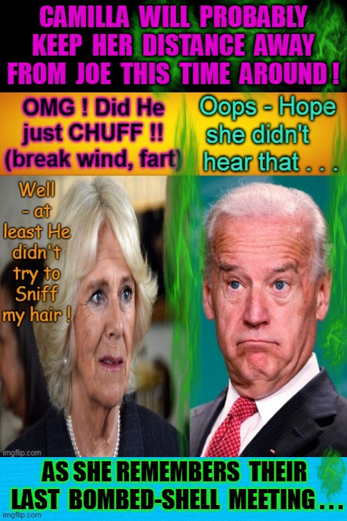 FLATULENCE WARNING - BEWARE OLD FART COMING ! | CAMILLA  WILL  PROBABLY  KEEP  HER  DISTANCE  AWAY  FROM  JOE  THIS  TIME  AROUND ! AS SHE REMEMBERS  THEIR  LAST  BOMBED-SHELL  MEETING . . . | image tagged in hold fart,joe biden,flatulence,gasp,needs more cowbell,gas mask | made w/ Imgflip meme maker