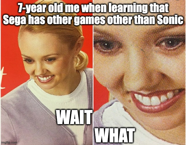 WAIT WHAT? | 7-year old me when learning that Sega has other games other than Sonic; WAIT                           WHAT | image tagged in wait what,sonic the hedgehog | made w/ Imgflip meme maker