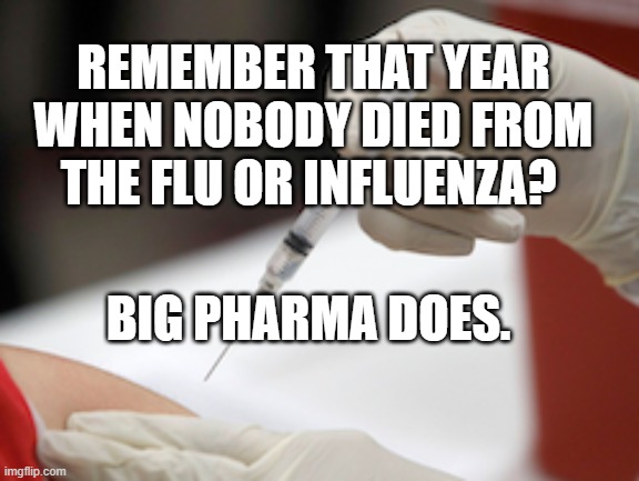 Flu Vaccine Injection | REMEMBER THAT YEAR WHEN NOBODY DIED FROM THE FLU OR INFLUENZA? BIG PHARMA DOES. | image tagged in flu vaccine injection | made w/ Imgflip meme maker