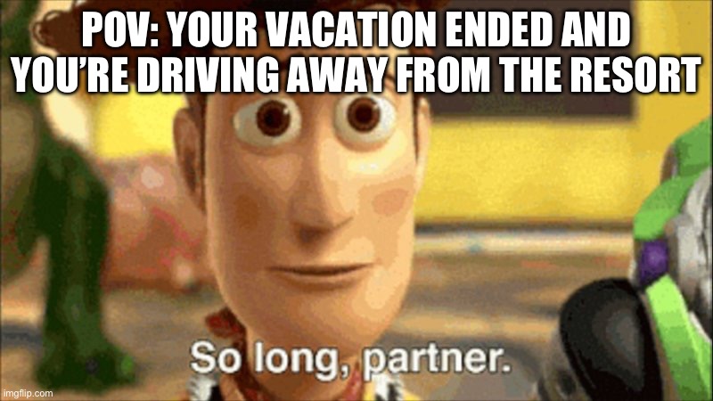 so long partner | POV: YOUR VACATION ENDED AND YOU’RE DRIVING AWAY FROM THE RESORT | image tagged in so long partner | made w/ Imgflip meme maker
