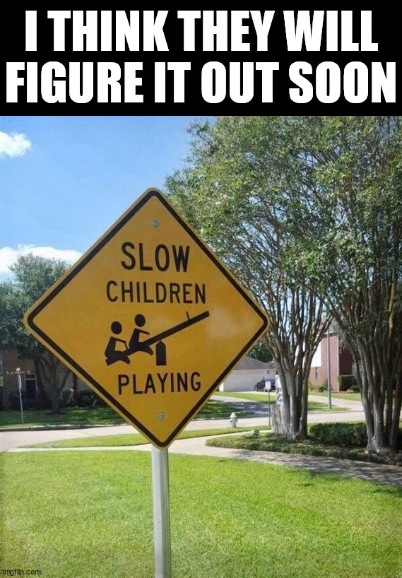 Why is this sign calling them out like this? | I THINK THEY WILL FIGURE IT OUT SOON | image tagged in funny signs,slow children,smart kid,alright i get it | made w/ Imgflip meme maker