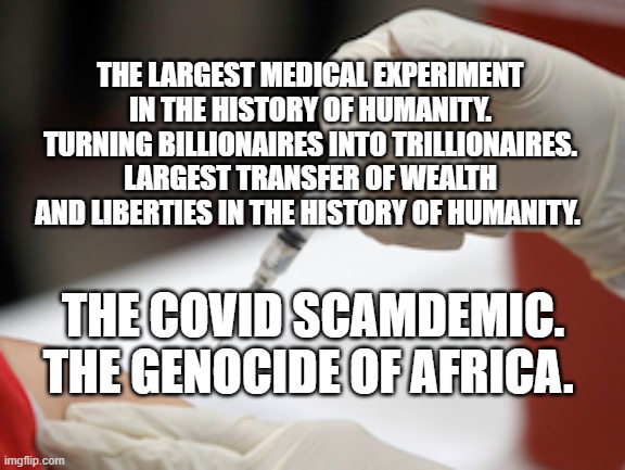 Flu Vaccine Injection | THE LARGEST MEDICAL EXPERIMENT IN THE HISTORY OF HUMANITY. TURNING BILLIONAIRES INTO TRILLIONAIRES. LARGEST TRANSFER OF WEALTH AND LIBERTIES IN THE HISTORY OF HUMANITY. THE COVID SCAMDEMIC. THE GENOCIDE OF AFRICA. | image tagged in flu vaccine injection | made w/ Imgflip meme maker