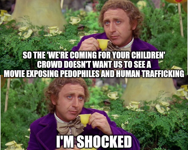 No shocker there. | SO THE 'WE'RE COMING FOR YOUR CHILDREN'
CROWD DOESN'T WANT US TO SEE A MOVIE EXPOSING PEDOPHILES AND HUMAN TRAFFICKING; I'M SHOCKED | image tagged in willy wonka drinking tea | made w/ Imgflip meme maker