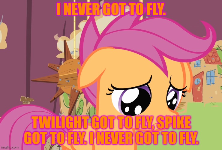 Sad scootaloo | I NEVER GOT TO FLY. TWILIGHT GOT TO FLY, SPIKE GOT TO FLY. I NEVER GOT TO FLY. | image tagged in aww scootaloo mlp,sad,ponies | made w/ Imgflip meme maker