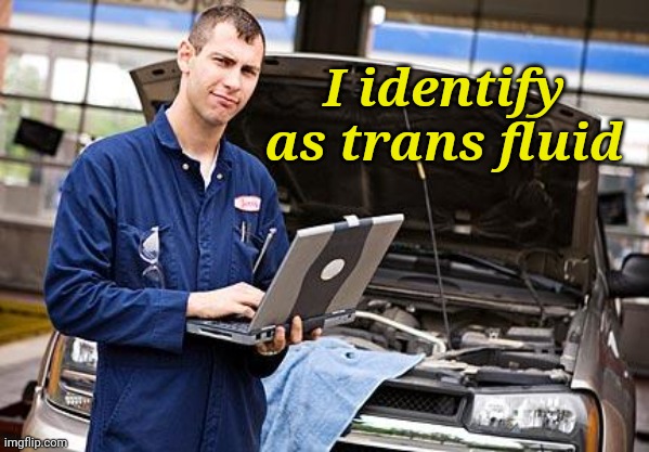 So I asked my mechanic and he said... | I identify as trans fluid | image tagged in internet mechanic,trans,mechanic,gender fluid,funny memes | made w/ Imgflip meme maker