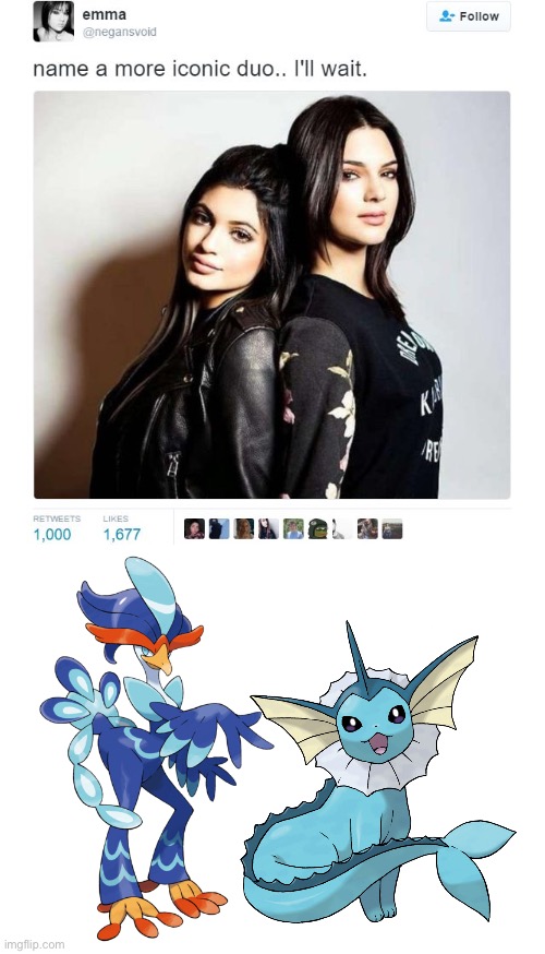 Quaquaval and Vaporeon are 100% amazing! | image tagged in name a more iconic duo,pokemon | made w/ Imgflip meme maker