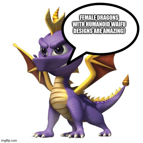 Even Spyro loves Female Dragons with Humanoid waifu designs | FEMALE DRAGONS WITH HUMANOID WAIFU DESIGNS ARE AMAZING! | image tagged in spyro | made w/ Imgflip meme maker
