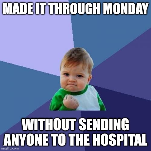 Success Kid | MADE IT THROUGH MONDAY; WITHOUT SENDING ANYONE TO THE HOSPITAL | image tagged in memes,success kid | made w/ Imgflip meme maker