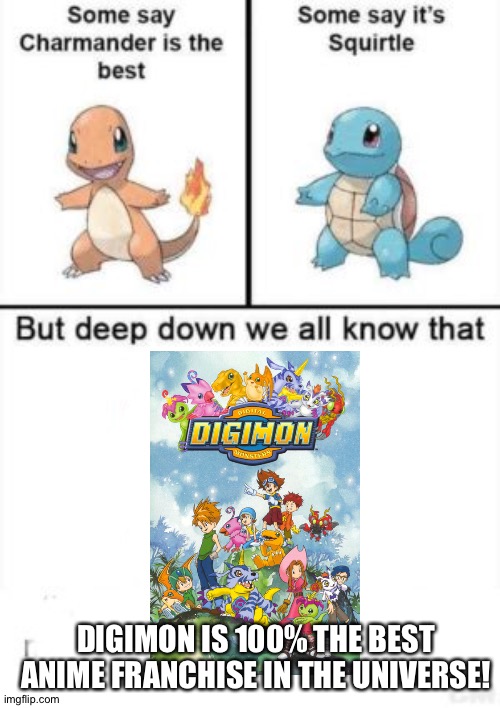 #Digimonisamazing | DIGIMON IS 100% THE BEST ANIME FRANCHISE IN THE UNIVERSE! | image tagged in deep down we all know that | made w/ Imgflip meme maker