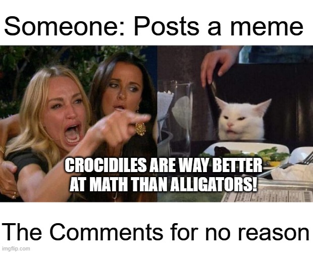 Especially on Iceu's posts with a lot of comments | Someone: Posts a meme; CROCIDILES ARE WAY BETTER AT MATH THAN ALLIGATORS! The Comments for no reason | image tagged in memes,woman yelling at cat | made w/ Imgflip meme maker