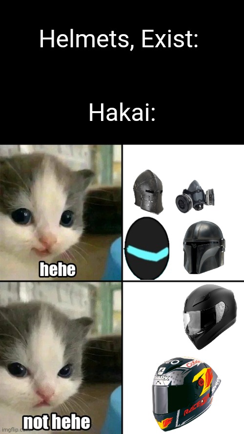 Hakai has gotten... a fear of racing helmets because of Sagi | Helmets, Exist:; Hakai: | image tagged in cute cat hehe and not hehe | made w/ Imgflip meme maker