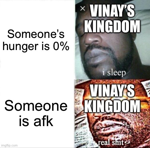 Vinay’s kingdom hrs be like | VINAY’S KINGDOM; Someone’s hunger is 0%; VINAY’S KINGDOM; Someone is afk | image tagged in memes,sleeping shaq | made w/ Imgflip meme maker
