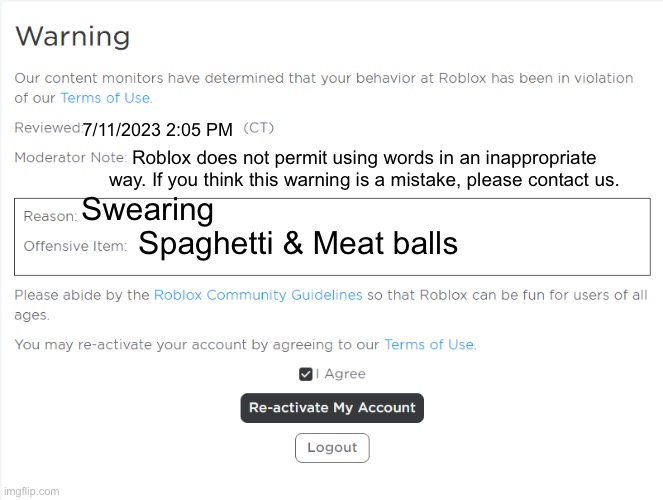 Bruh roblox moderation thought I was using the inappropriate version of the word balls ? | 7/11/2023 2:05 PM; Roblox does not permit using words in an inappropriate way. If you think this warning is a mistake, please contact us. Swearing; Spaghetti & Meat balls | image tagged in roblox warning,funny meme,roblox meme | made w/ Imgflip meme maker