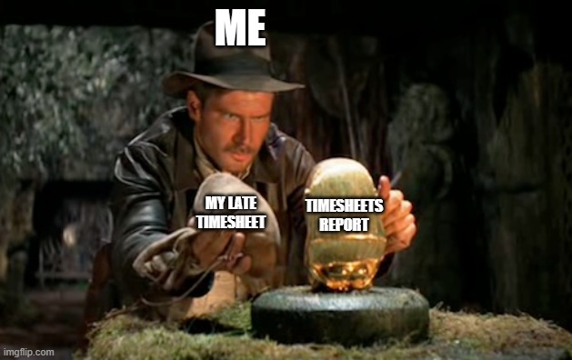 Timesheets | ME; TIMESHEETS REPORT; MY LATE TIMESHEET | image tagged in indiana jones idol | made w/ Imgflip meme maker