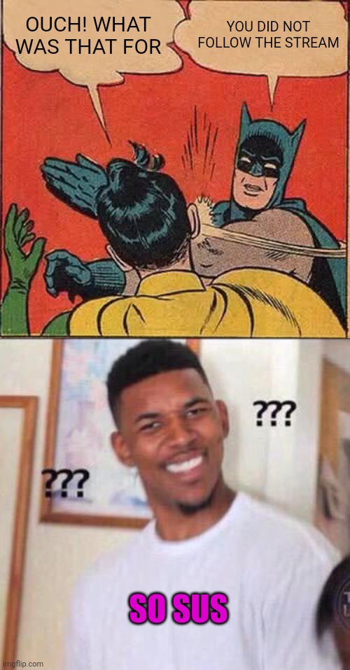 Hi. | OUCH! WHAT WAS THAT FOR; YOU DID NOT FOLLOW THE STREAM; SO SUS | image tagged in memes,batman slapping robin,black guy confused | made w/ Imgflip meme maker