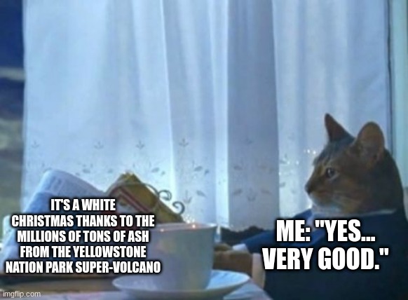 It a yellowstone christmas | IT'S A WHITE CHRISTMAS THANKS TO THE MILLIONS OF TONS OF ASH FROM THE YELLOWSTONE NATION PARK SUPER-VOLCANO; ME: "YES... VERY GOOD." | image tagged in memes,i should buy a boat cat | made w/ Imgflip meme maker