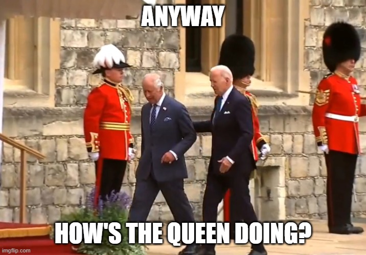 Biden and King Charles talking about the Queen | ANYWAY; HOW'S THE QUEEN DOING? | image tagged in joe biden,biden,king charles,queen,queen elizabeth,president_joe_biden | made w/ Imgflip meme maker