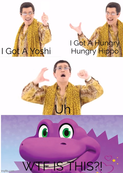 Burn Mattel Down NOW! | I Got A Yoshi; I Got A Hungry Hungry Hippo; Uh; WTF IS THIS?! | image tagged in barney will eat all of your delectable biscuits,barney,barney the dinosaur | made w/ Imgflip meme maker