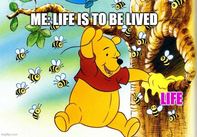 Pooh living life! | ME: LIFE IS TO BE LIVED; LIFE | image tagged in winnie the pooh | made w/ Imgflip meme maker