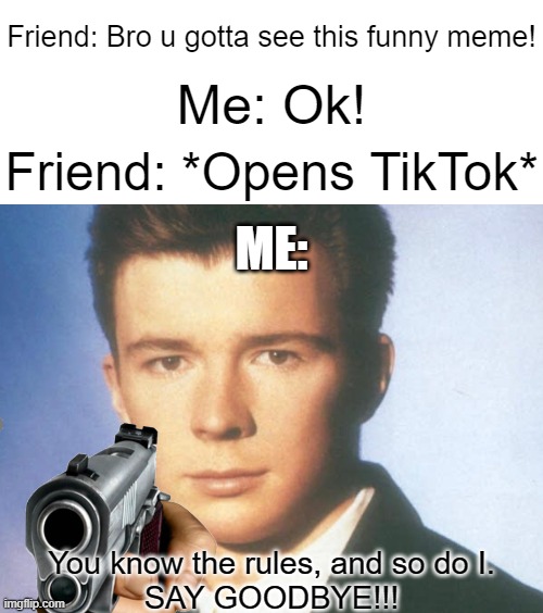 Don't tell me I copied this meme I saw a similar meme somewhere and I was inspired so don't say I copied it | Friend: Bro u gotta see this funny meme! Me: Ok! Friend: *Opens TikTok*; ME:; You know the rules, and so do I.
SAY GOODBYE!!! | image tagged in you know the rules and so do i say goodbye,memes,funny,tiktok sucks,gifs,not really a gif | made w/ Imgflip meme maker