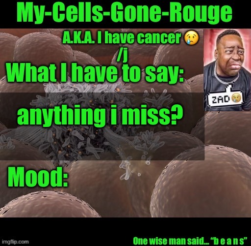 My-Cells-Gone-Rouge announcement | anything i miss? | image tagged in my-cells-gone-rouge announcement | made w/ Imgflip meme maker