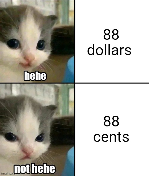 88 cents | 88 dollars; 88 cents | image tagged in cute cat hehe and not hehe | made w/ Imgflip meme maker