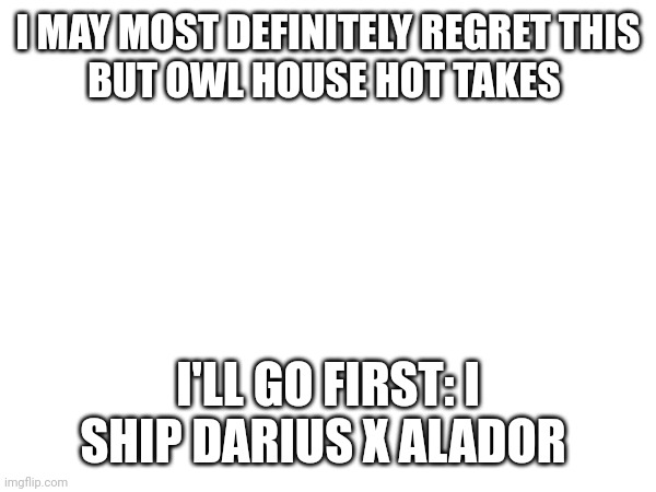 First meme made on my phone(mod notes: at this point, who doesn’t?) | I MAY MOST DEFINITELY REGRET THIS
BUT OWL HOUSE HOT TAKES; I'LL GO FIRST: I SHIP DARIUS X ALADOR | image tagged in the owl house,hot takes | made w/ Imgflip meme maker