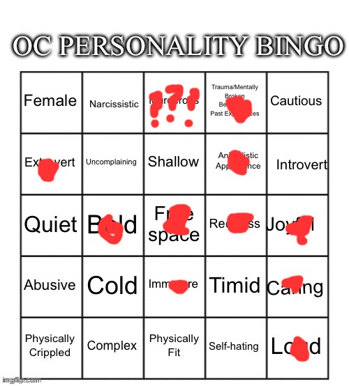 Hoplash's personality in a nutshell: reckless and violent, but not evil | image tagged in oc personality bingo | made w/ Imgflip meme maker