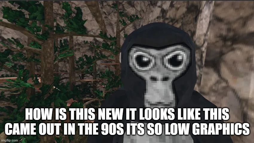gorilla tag memes 2023 | HOW IS THIS NEW IT LOOKS LIKE THIS CAME OUT IN THE 90S ITS SO LOW GRAPHICS | image tagged in gorilla tag,so true memes | made w/ Imgflip meme maker