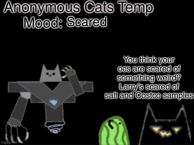 Anonymous_Cats temp | Scared; You think your ocs are scared of something weird? Larry’s scared of salt and Costco samples | image tagged in anonymous_cats temp | made w/ Imgflip meme maker