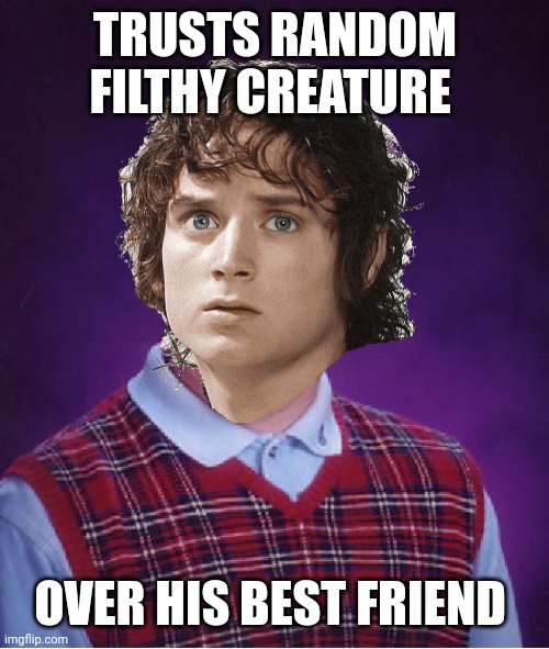 What a great friend to have... | TRUSTS RANDOM FILTHY CREATURE; OVER HIS BEST FRIEND | image tagged in frodo,gollum,sam,lotr,lord of the rings lotr elevenses,lord of the rings | made w/ Imgflip meme maker