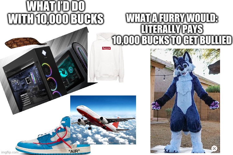 10,000 bucks… to get bullied | WHAT I’D DO WITH 10,000 BUCKS; WHAT A FURRY WOULD:
LITERALLY PAYS 10,000 BUCKS TO GET BULLIED | image tagged in anti furry,money | made w/ Imgflip meme maker