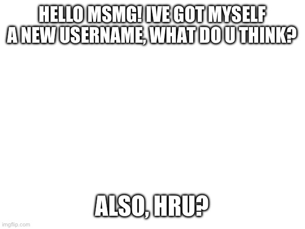 HELLO MSMG! IVE GOT MYSELF A NEW USERNAME, WHAT DO U THINK? ALSO, HRU? | made w/ Imgflip meme maker